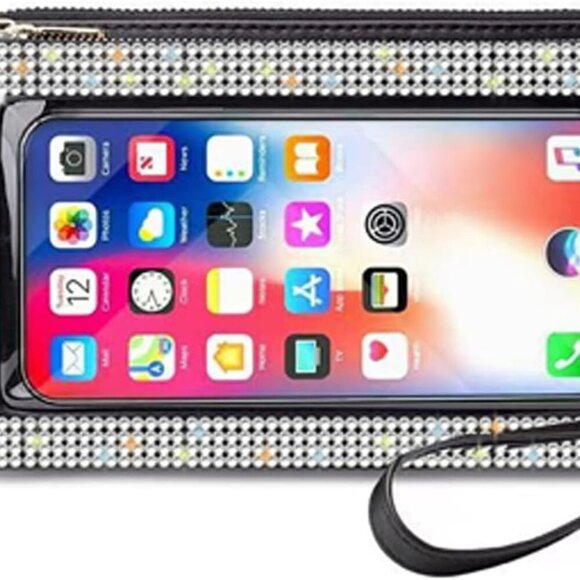 Bling Rhinestone RFID Blocking Touch Screen Phone Bag Womens Wallet Wristlet Clu - Picture 1 of 5
